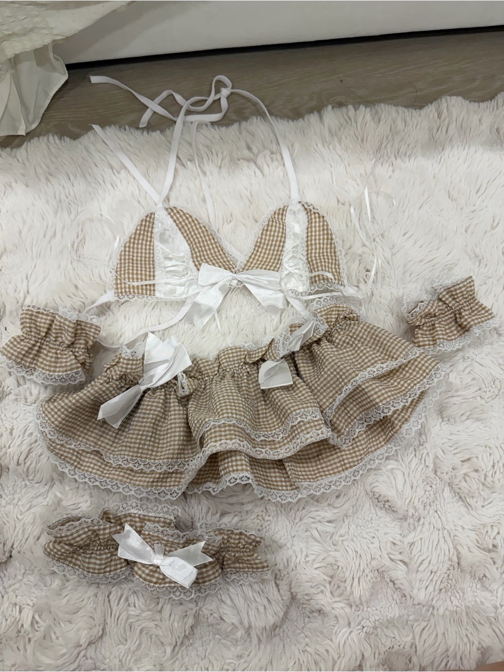 Beige Gingham Lace-Trim Lingerie Set - Cute Bow Accent